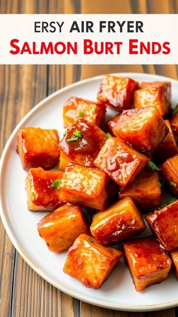 Air Fryer Salmon Burnt Ends Recipe Crispy salmon burnt ends on a plate, garnished with herbs, on a rustic wooden table.